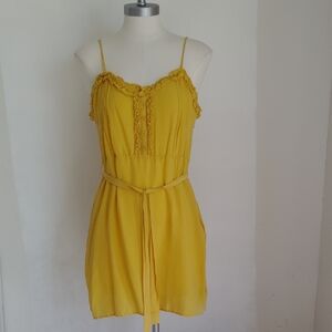 Vintage XXI Women Silk Ruffle Trim Yellow Mini Dress Sz M Dainty Preppy Coquette